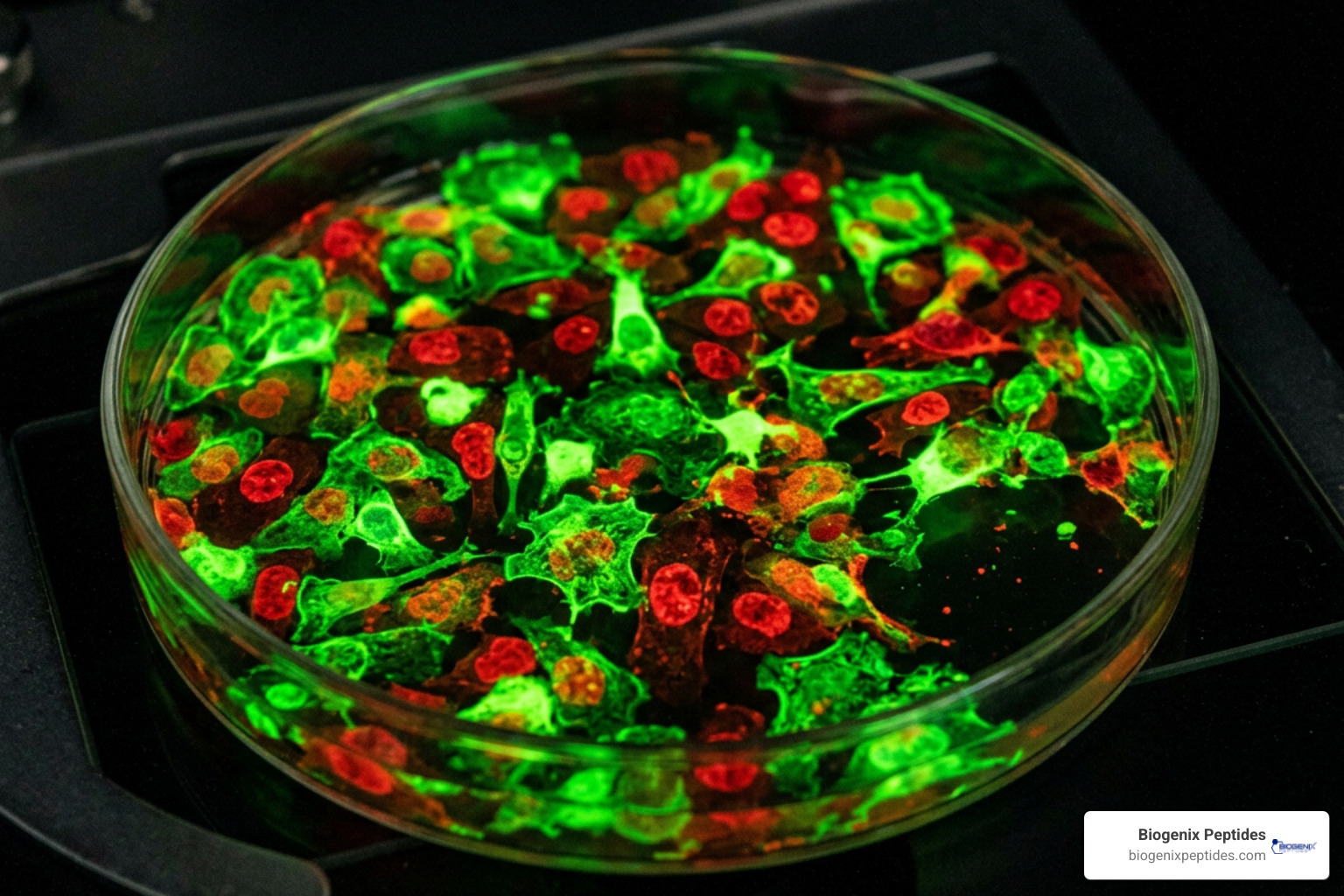 tissue culture dish with fluorescent cellular markers