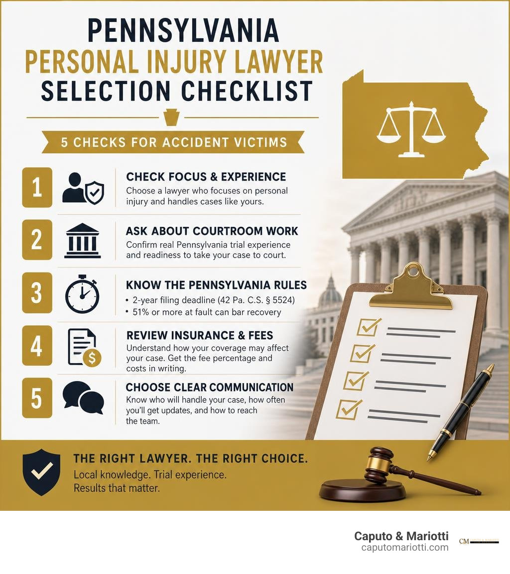 Pennsylvania personal injury lawyer selection checklist infographic Pennsylvania personal injury lawyer selection checklist infographic