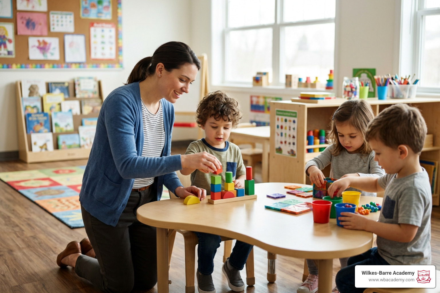 a teacher guiding young students through hands-on learning