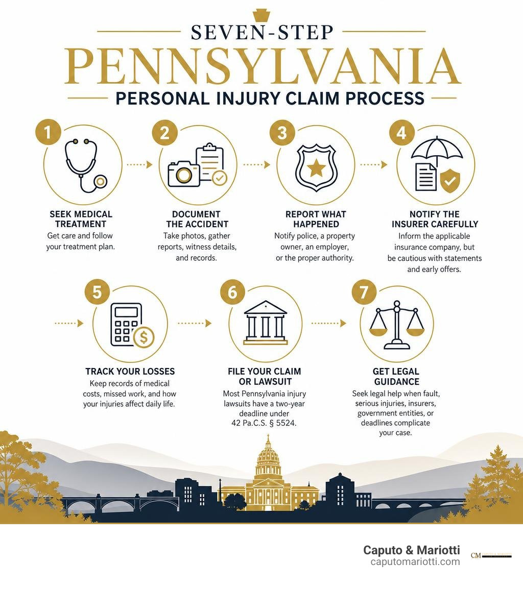 Seven-step Pennsylvania personal injury claim process infographic Seven-step Pennsylvania personal injury claim process infographic