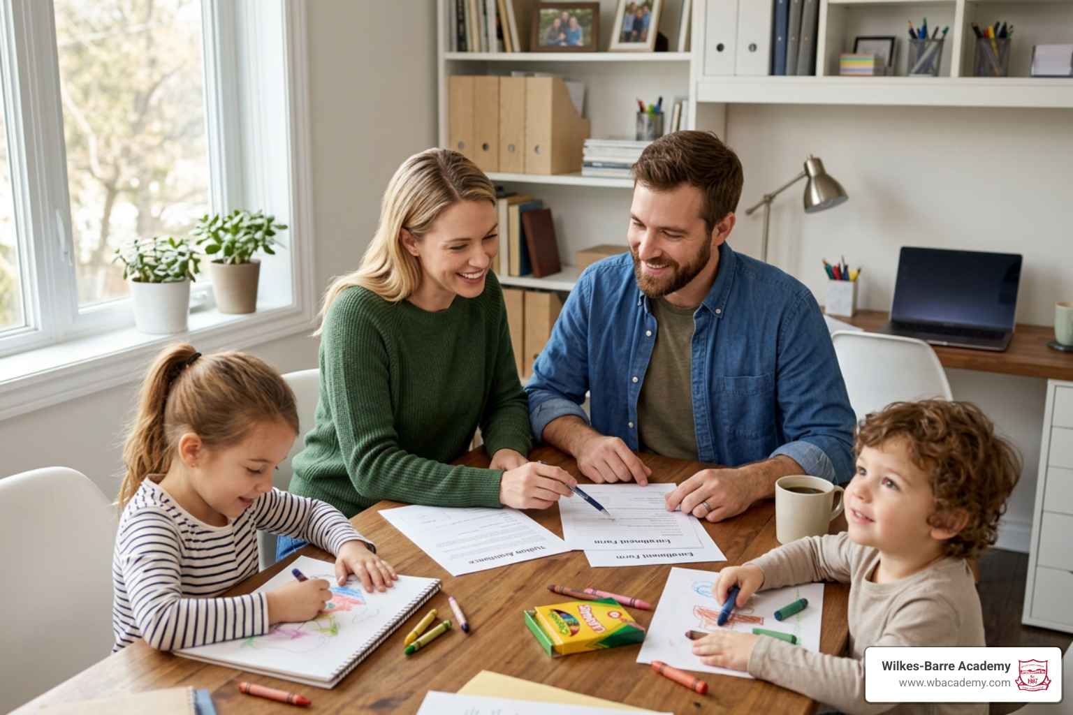 Parents reviewing preschool enrollment and tuition assistance details Parents reviewing preschool enrollment and tuition assistance details