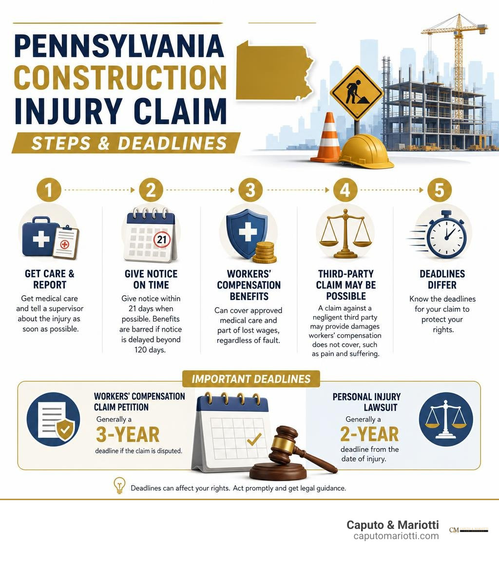 Pennsylvania construction injury claim steps and deadlines infographic Pennsylvania construction injury claim steps and deadlines infographic