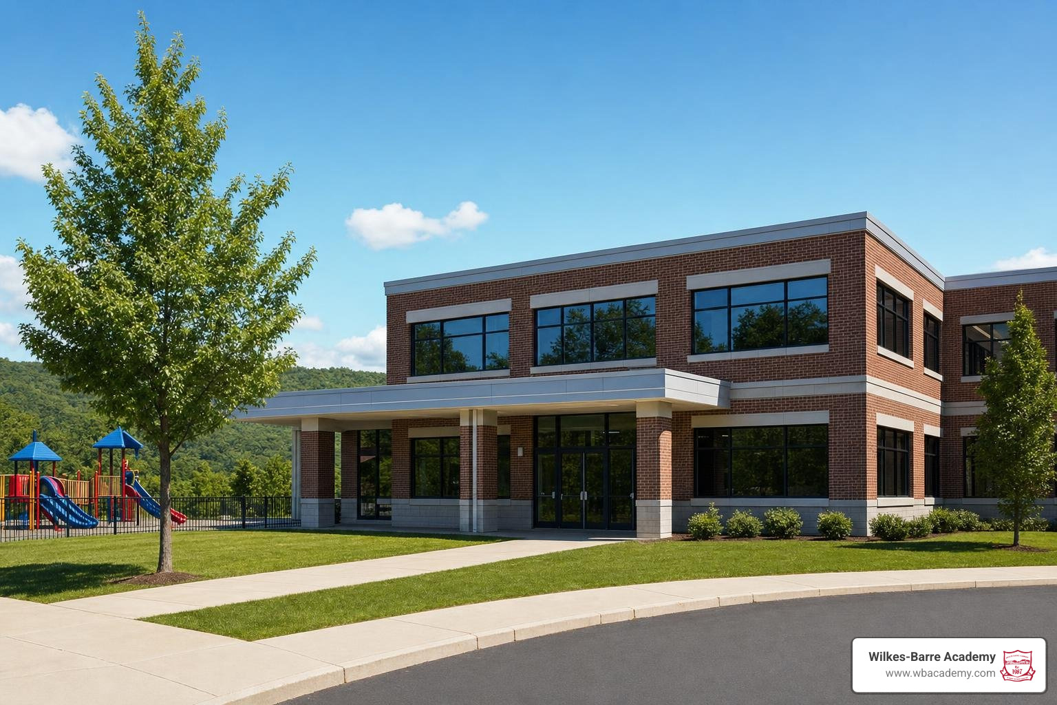 Welcoming exterior of Wilkes-Barre Academy single-location school building Welcoming exterior of Wilkes-Barre Academy single-location school building