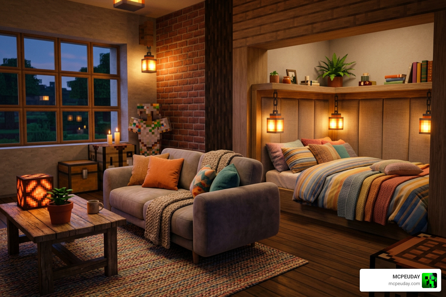 Cozy plush couch and bed items in Minecraft house