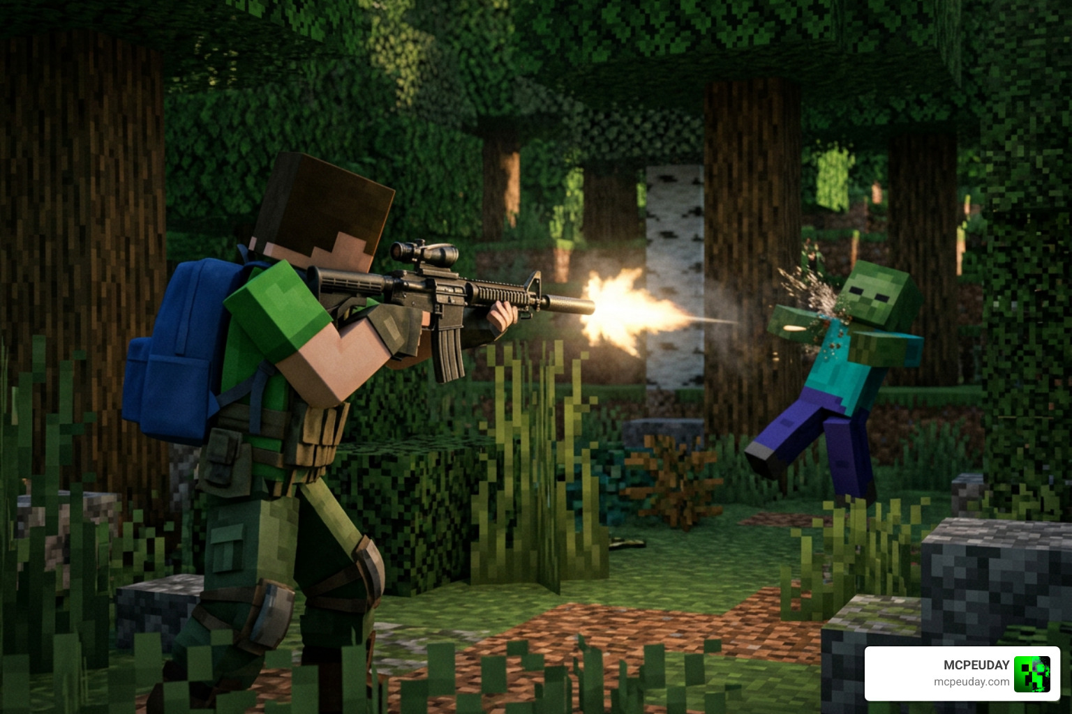 Gameplay showing gun combat and firing mechanics in Minecraft Bedrock Edition