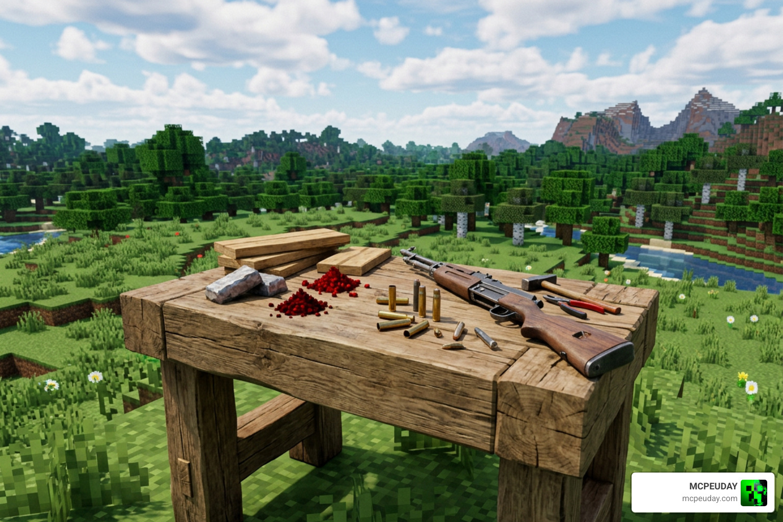 Survival crafting recipe workbench displaying gun components and custom ammo