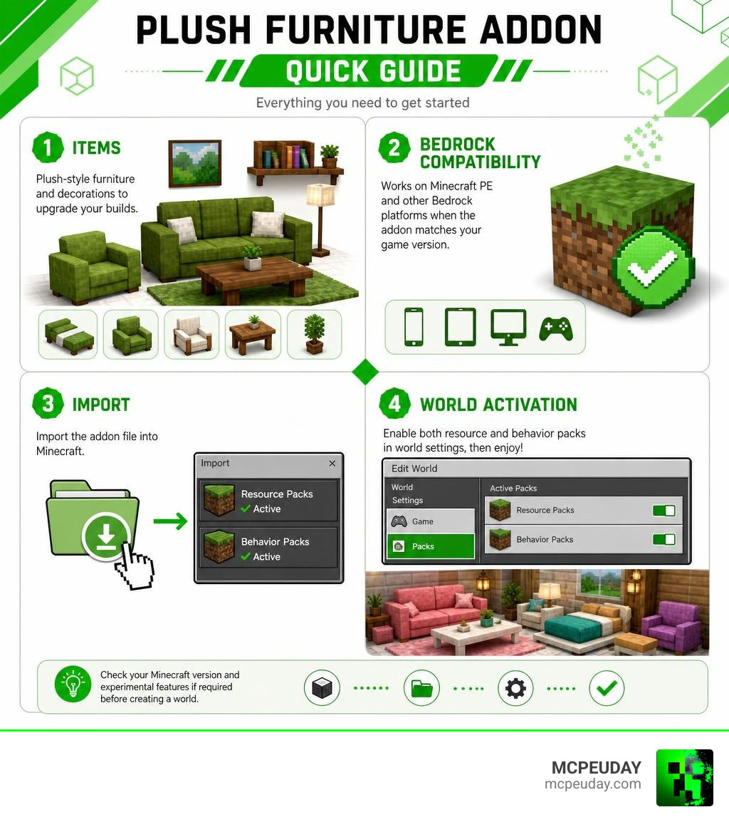 Plush Furniture Addon quick guide: items, Bedrock compatibility, import, and world activation infographic