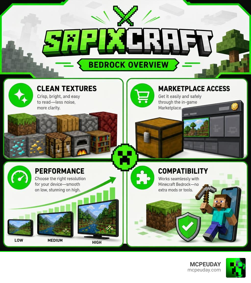 SapixCraft Bedrock overview: clean textures, Marketplace access, performance, compatibility infographic