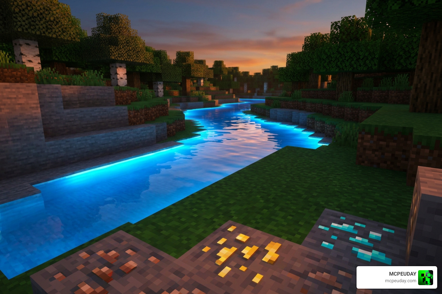 Glowing water and 3D ore blocks showcase