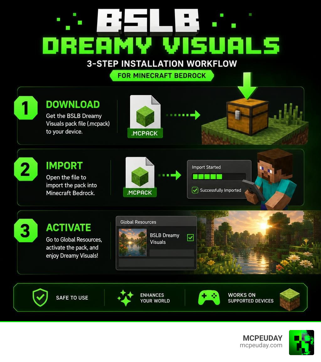 BSLB Dreamy Visuals three-step installation workflow for Minecraft Bedrock infographic