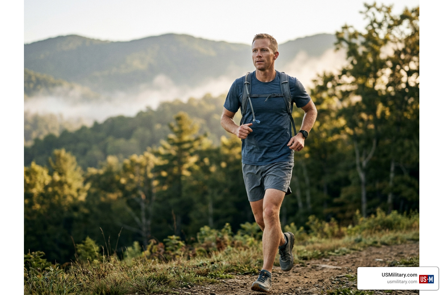 U.S. Navy veteran participating in an outdoor endurance trail run U.S. Navy veteran participating in an outdoor endurance trail run