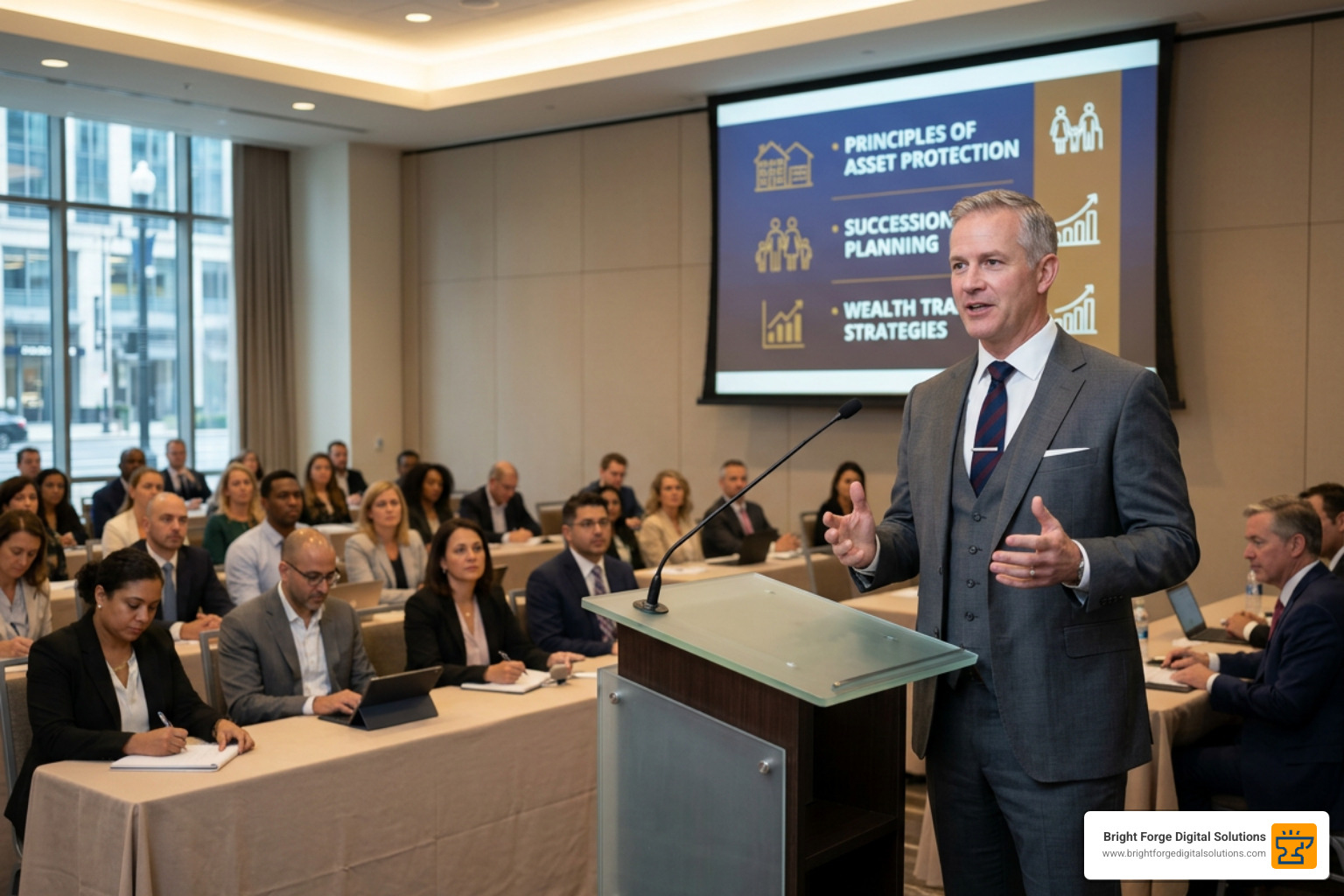 Lawyer hosting an educational wealth transfer seminar for prospective clients Lawyer hosting an educational wealth transfer seminar for prospective clients