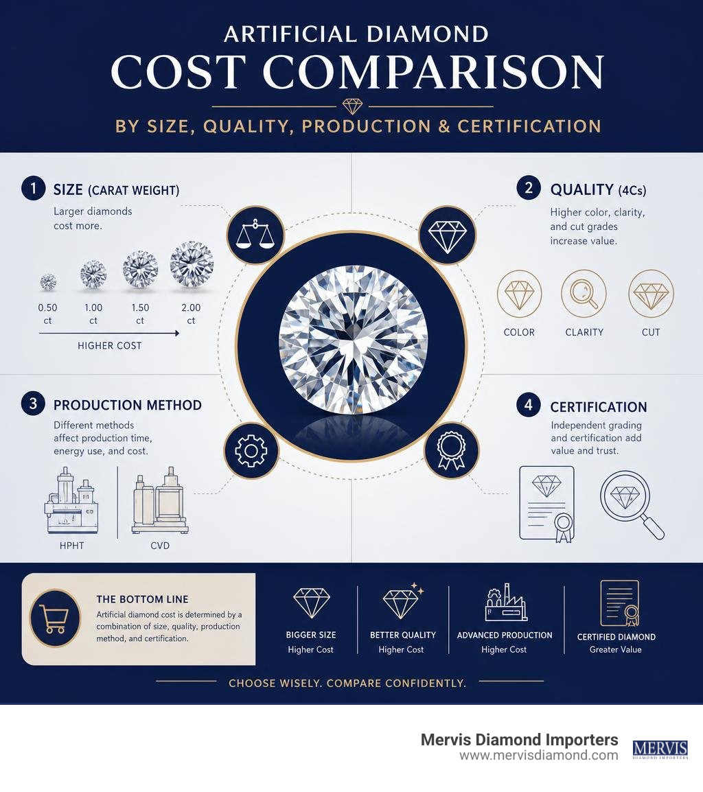 Artificial diamond cost comparison by size quality production and certification infographic