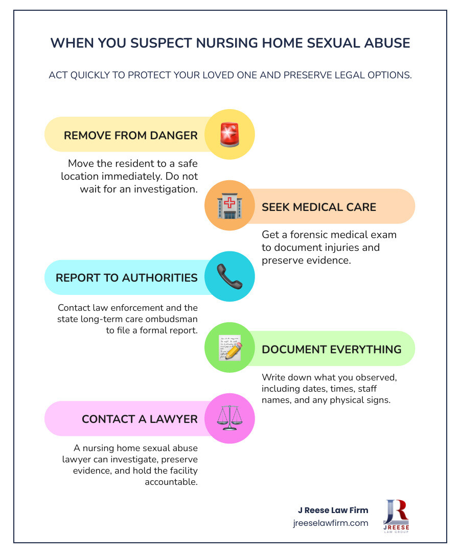 Key actions after suspected nursing home sexual abuse infographic Key actions after suspected nursing home sexual abuse infographic