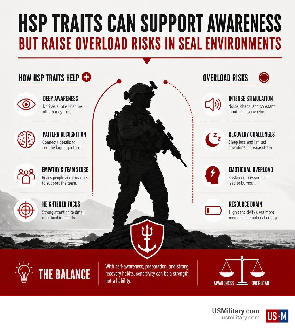 Infographic: HSP traits can support awareness but raise overload risks in SEAL environments infographic