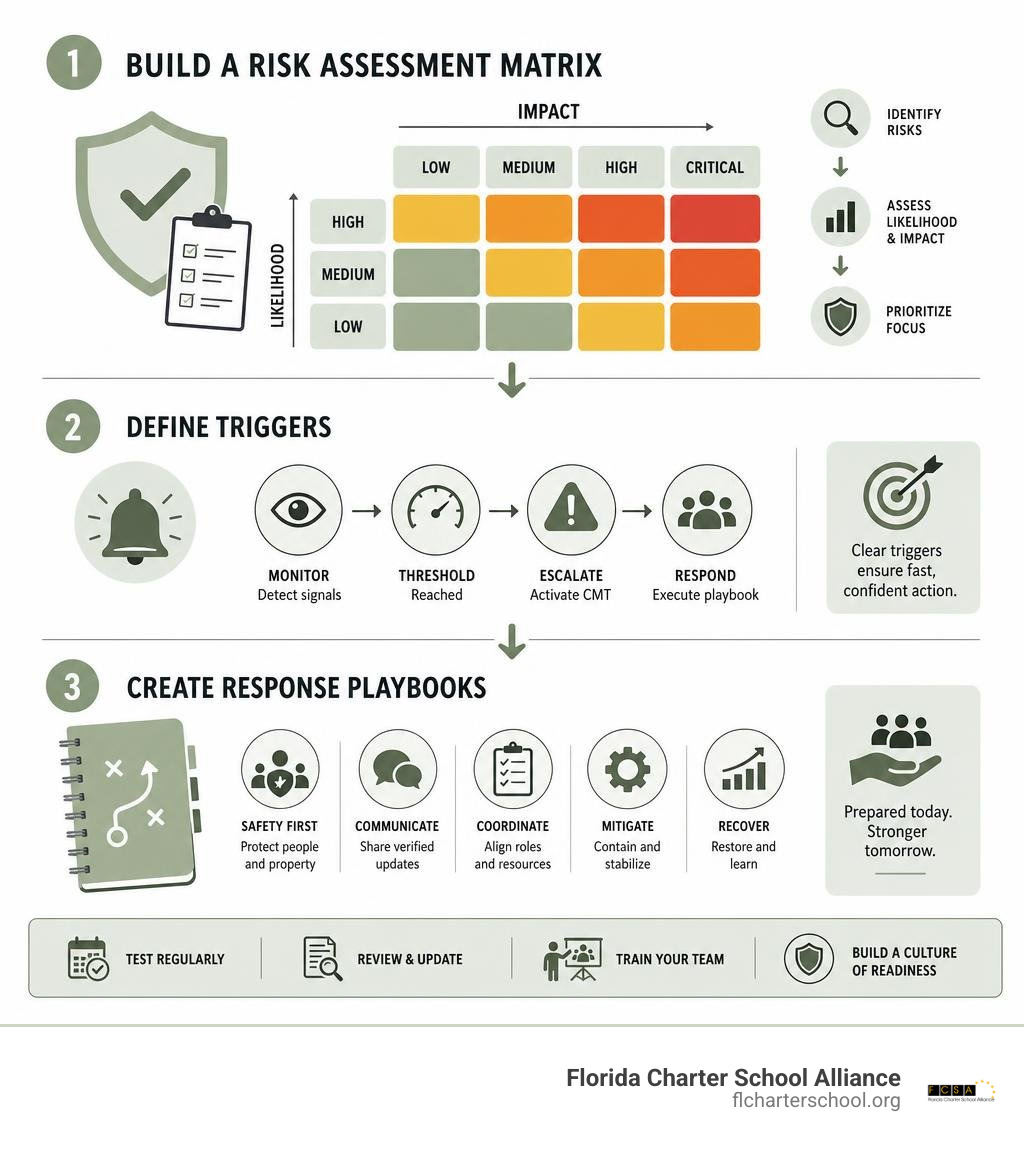Infographic on building a risk assessment matrix, triggers, and response playbooks infographic
