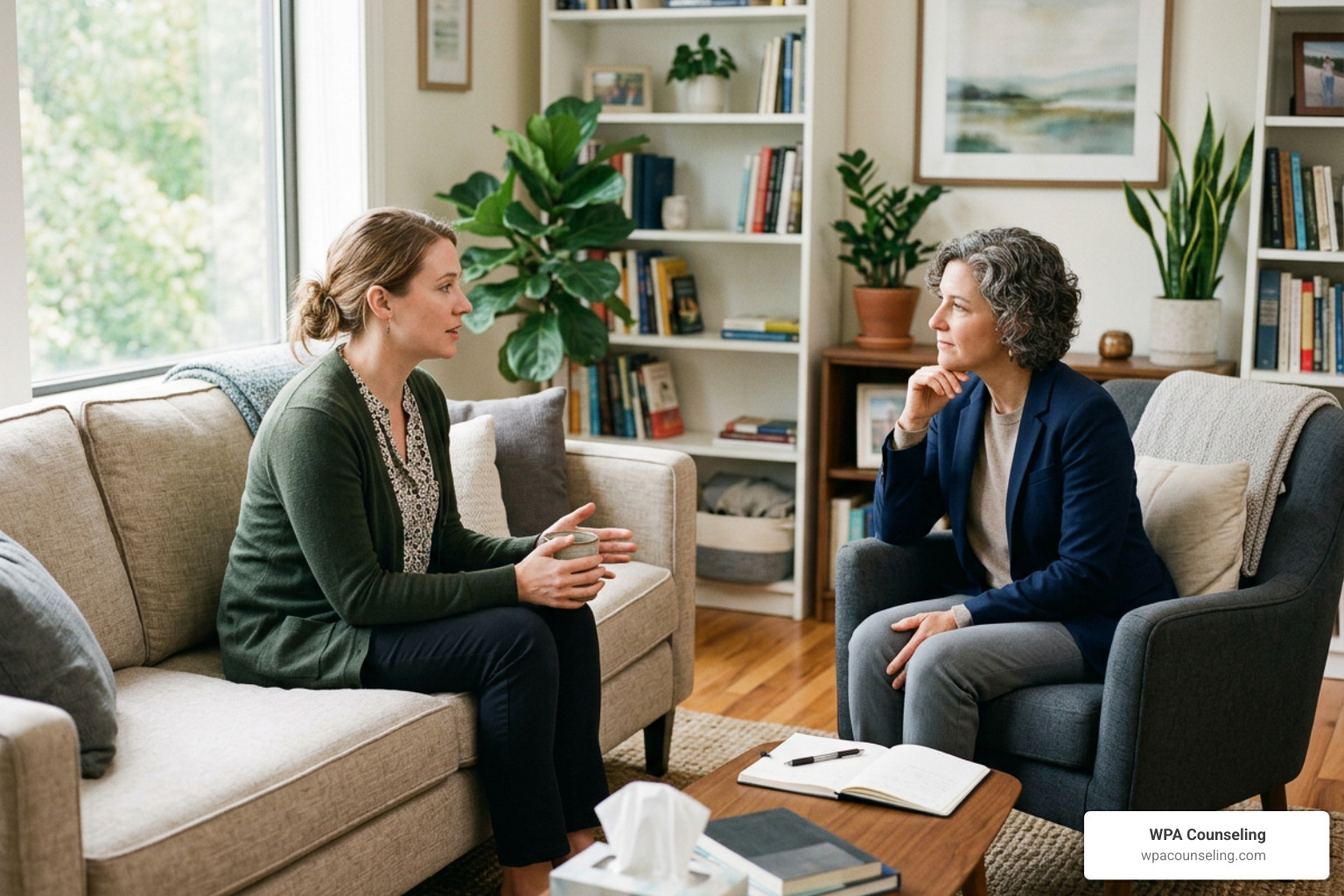 Adult survivor meeting with a qualified, empathetic trauma counselor for initial consultation Adult survivor meeting with a qualified, empathetic trauma counselor for initial consultation