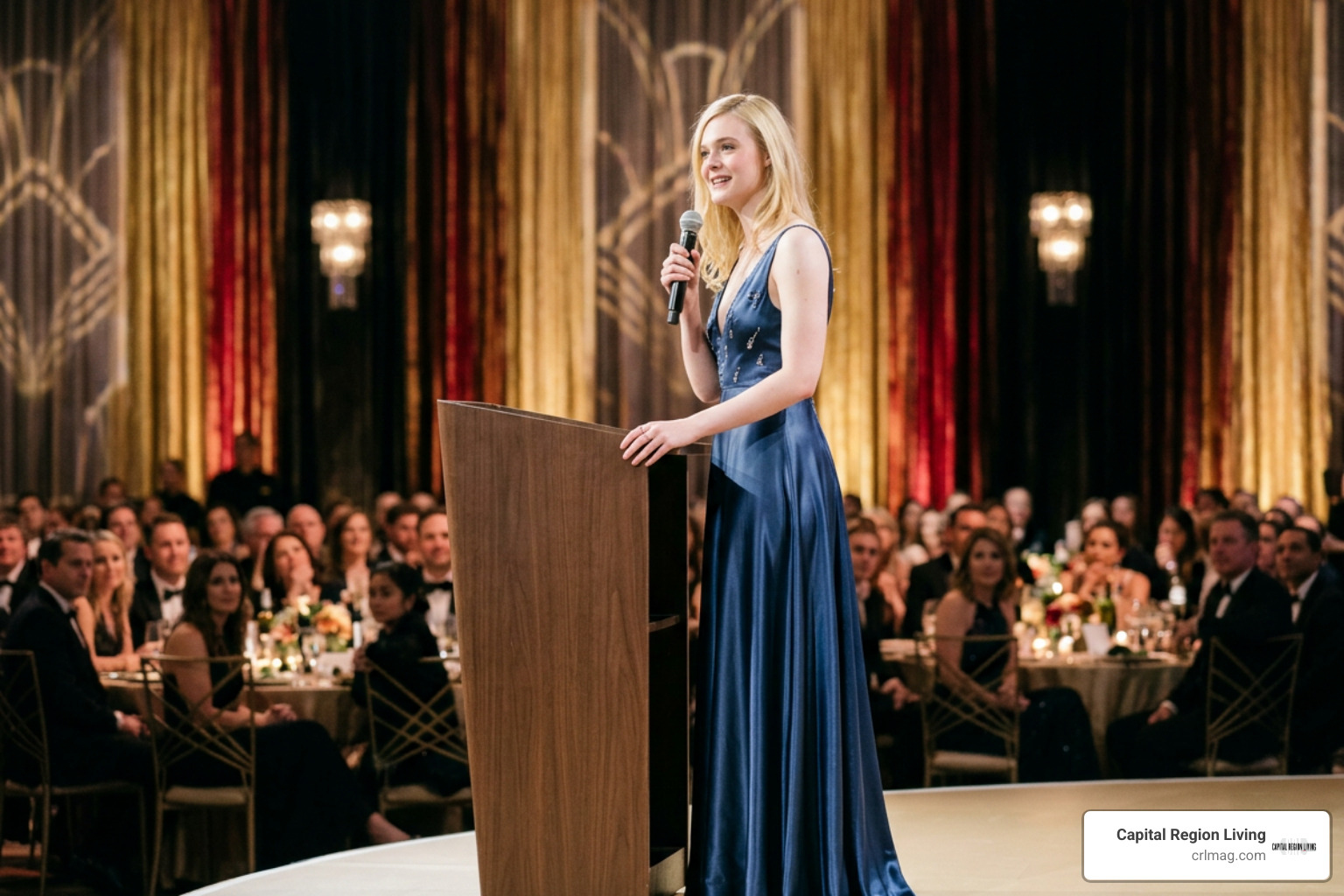Elle Fanning speaking at an industry awards gala event