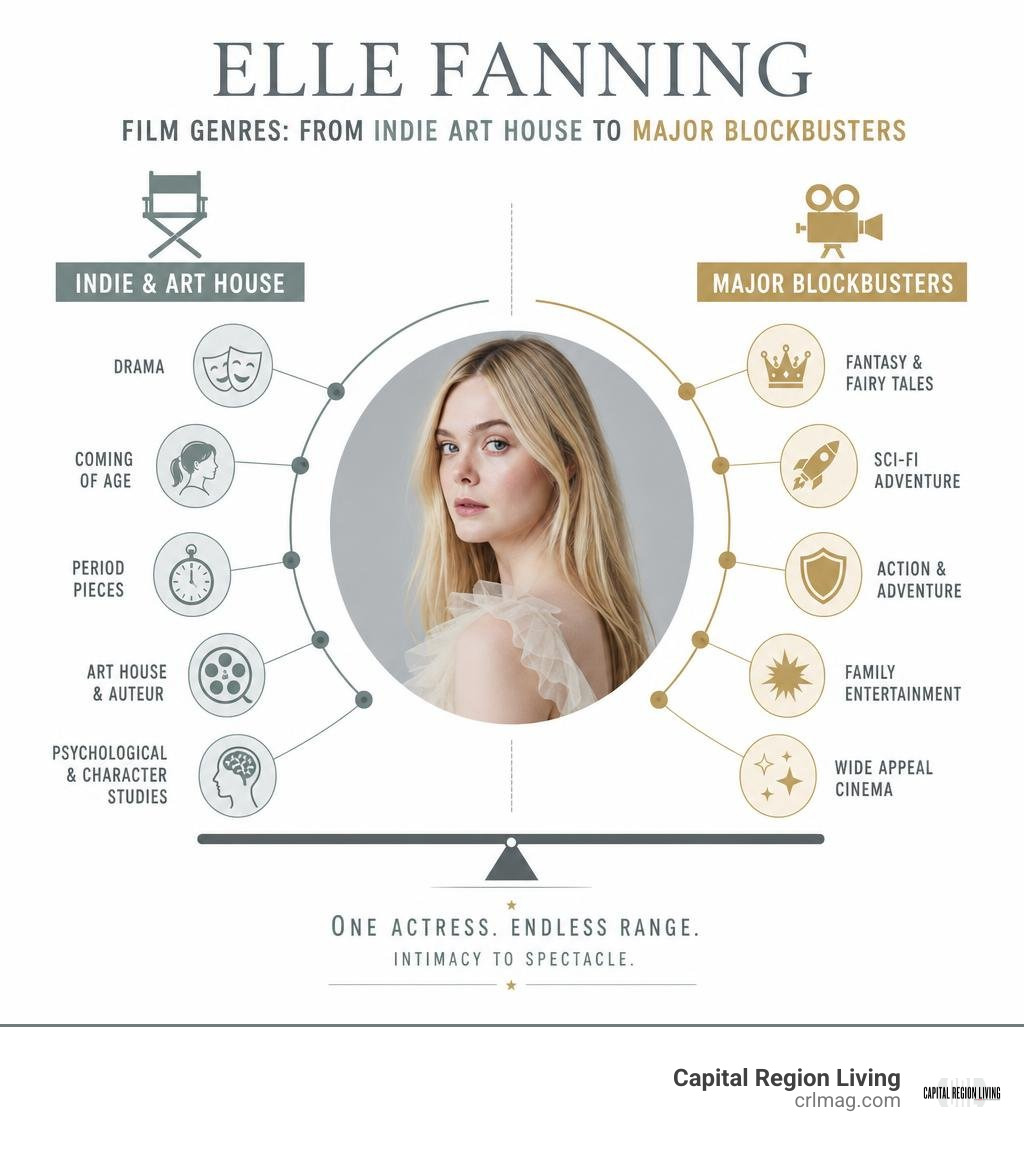 Comparison of Elle Fanning film genres from indie art house to major blockbusters infographic
