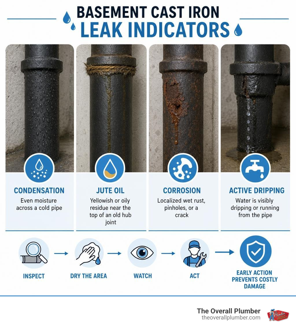 Basement cast iron leak indicators: condensation, jute oil, corrosion, and active dripping infographic Basement cast iron leak indicators: condensation, jute oil, corrosion, and active dripping infographic