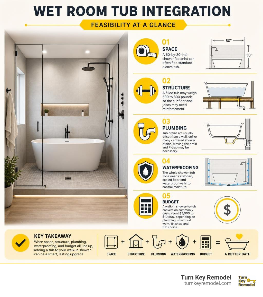 Wet room tub integration feasibility: space, structure, plumbing, waterproofing, budget infographic Wet room tub integration feasibility: space, structure, plumbing, waterproofing, budget infographic
