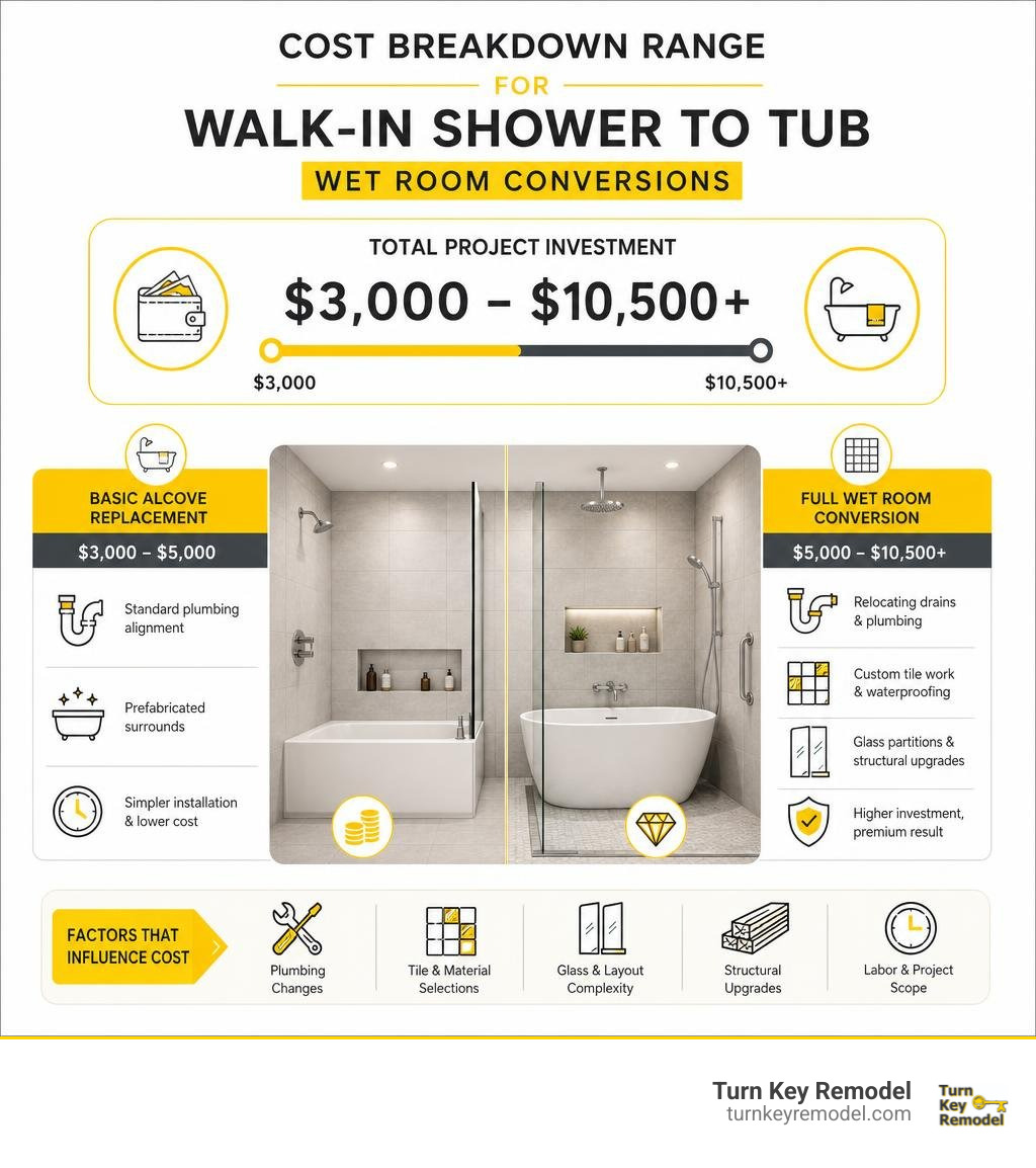Cost breakdown range for walk-in shower to tub wet room conversions infographic Cost breakdown range for walk-in shower to tub wet room conversions infographic
