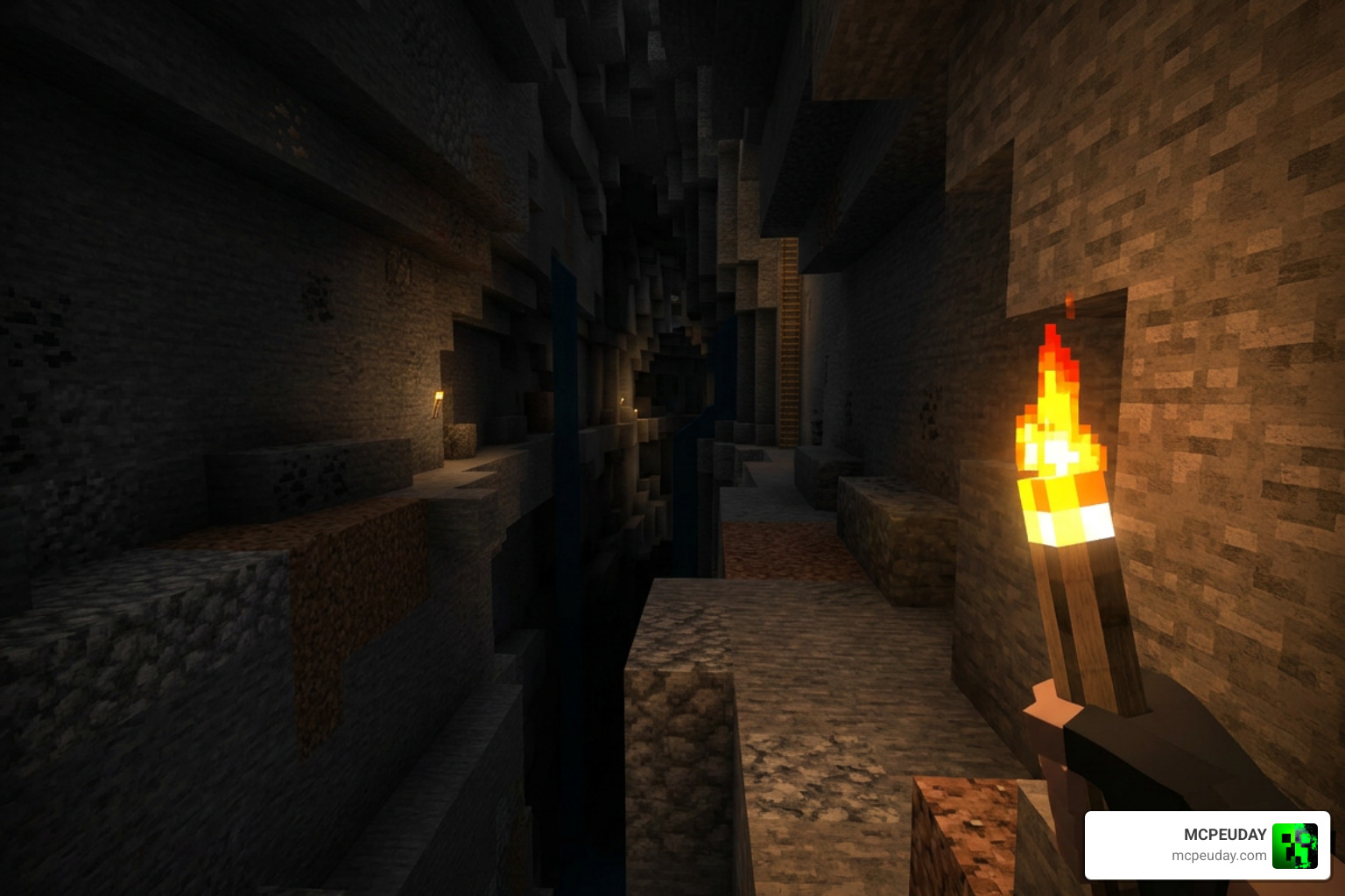 Realistic glowing torch lighting up an underground ravine in Minecraft PE Bedrock Realistic glowing torch lighting up an underground ravine in Minecraft PE Bedrock