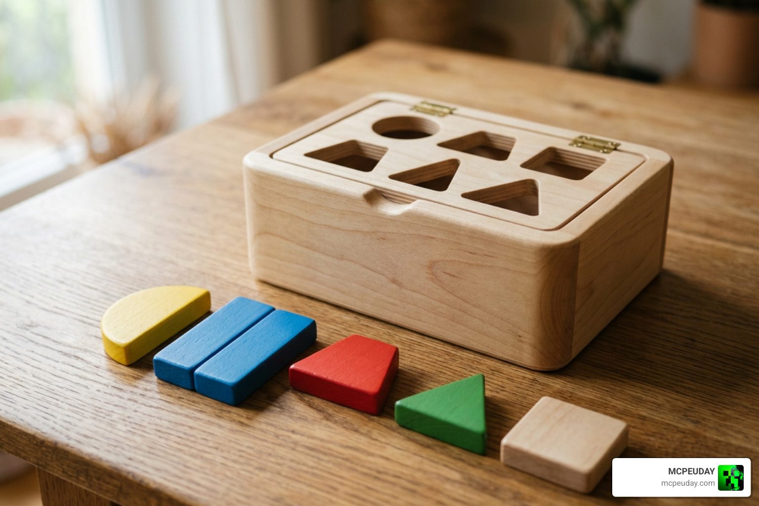Wooden shape sorter with divided geometric pieces