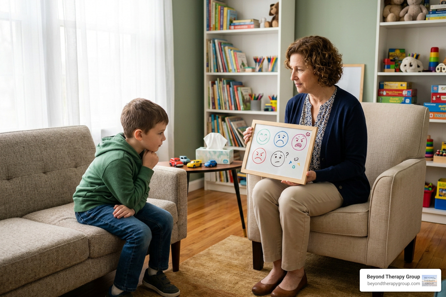 therapist conducting cognitive coping session with child therapist conducting cognitive coping session with child