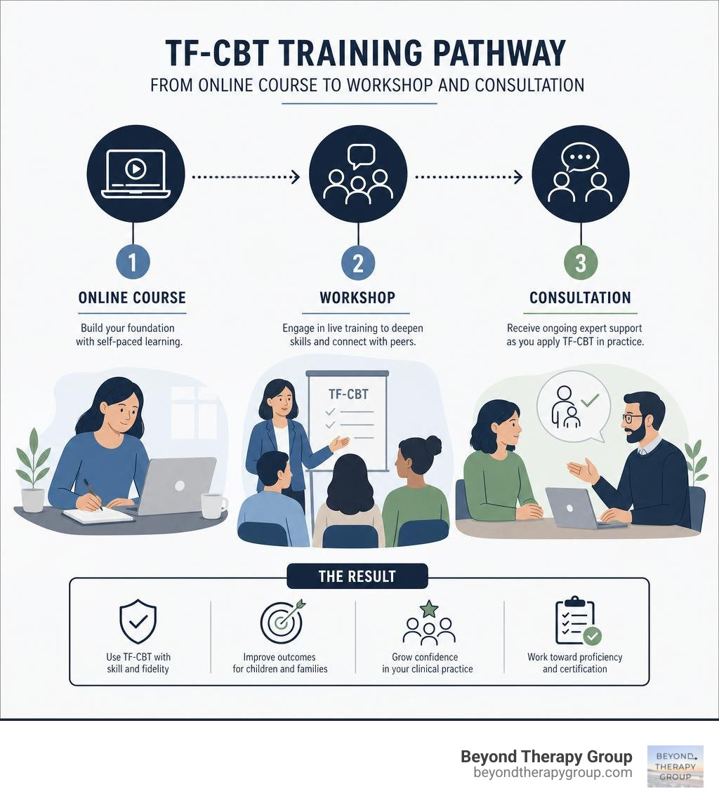 TF-CBT training pathway from online course to workshop and consultation infographic TF-CBT training pathway from online course to workshop and consultation infographic