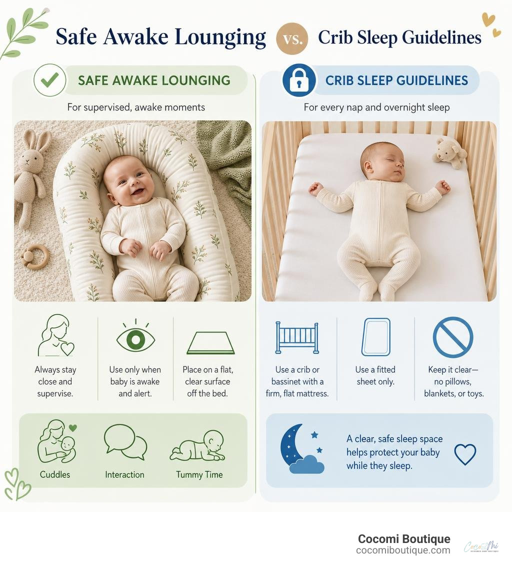 Safe awake lounging versus crib sleep guidelines infographic