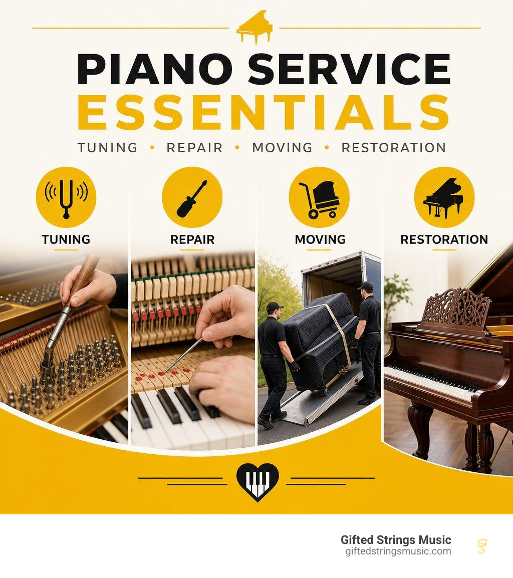 Piano service essentials: tuning, repair, moving, and restoration infographic