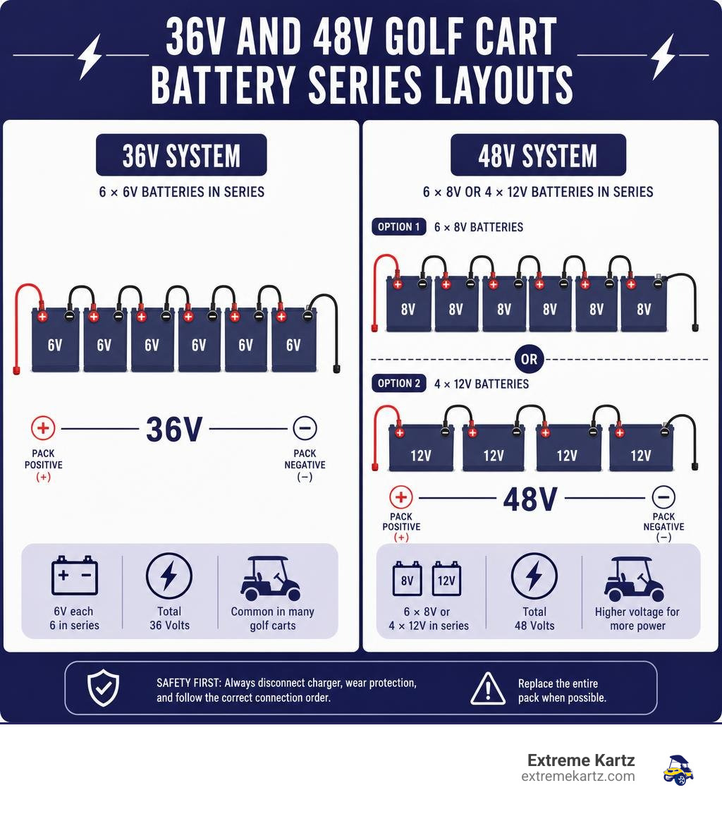 36V and 48V golf cart battery series layouts infographic