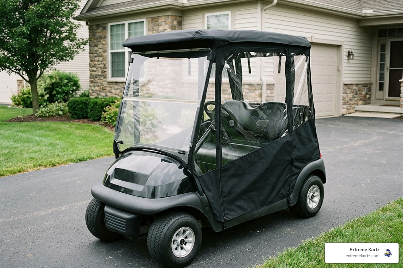 golf cart weather enclosure with track style slip on cover and clear PVC windows