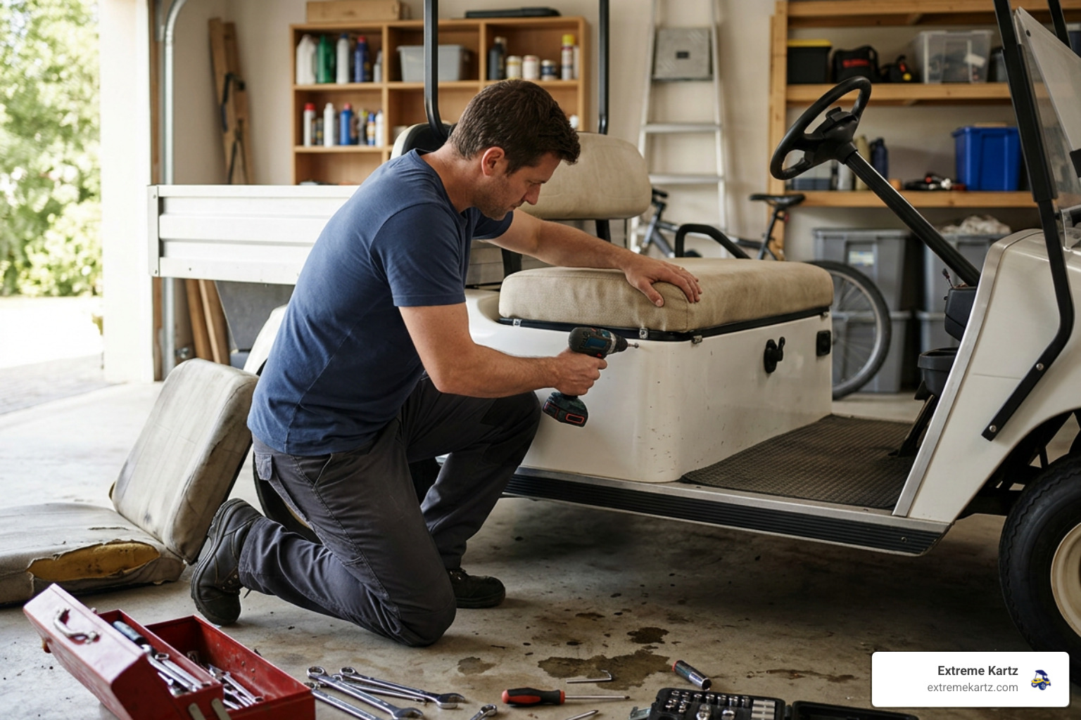 Installing replacement seat cushion on a golf cart in a garage