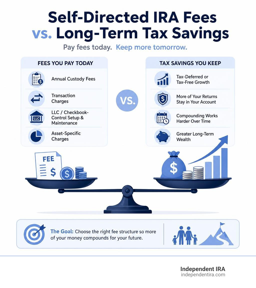 Self-directed IRA fees versus long-term tax savings infographic Self-directed IRA fees versus long-term tax savings infographic