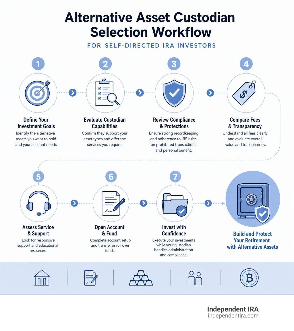 Alternative asset custodian selection workflow for self-directed IRA investors infographic Alternative asset custodian selection workflow for self-directed IRA investors infographic