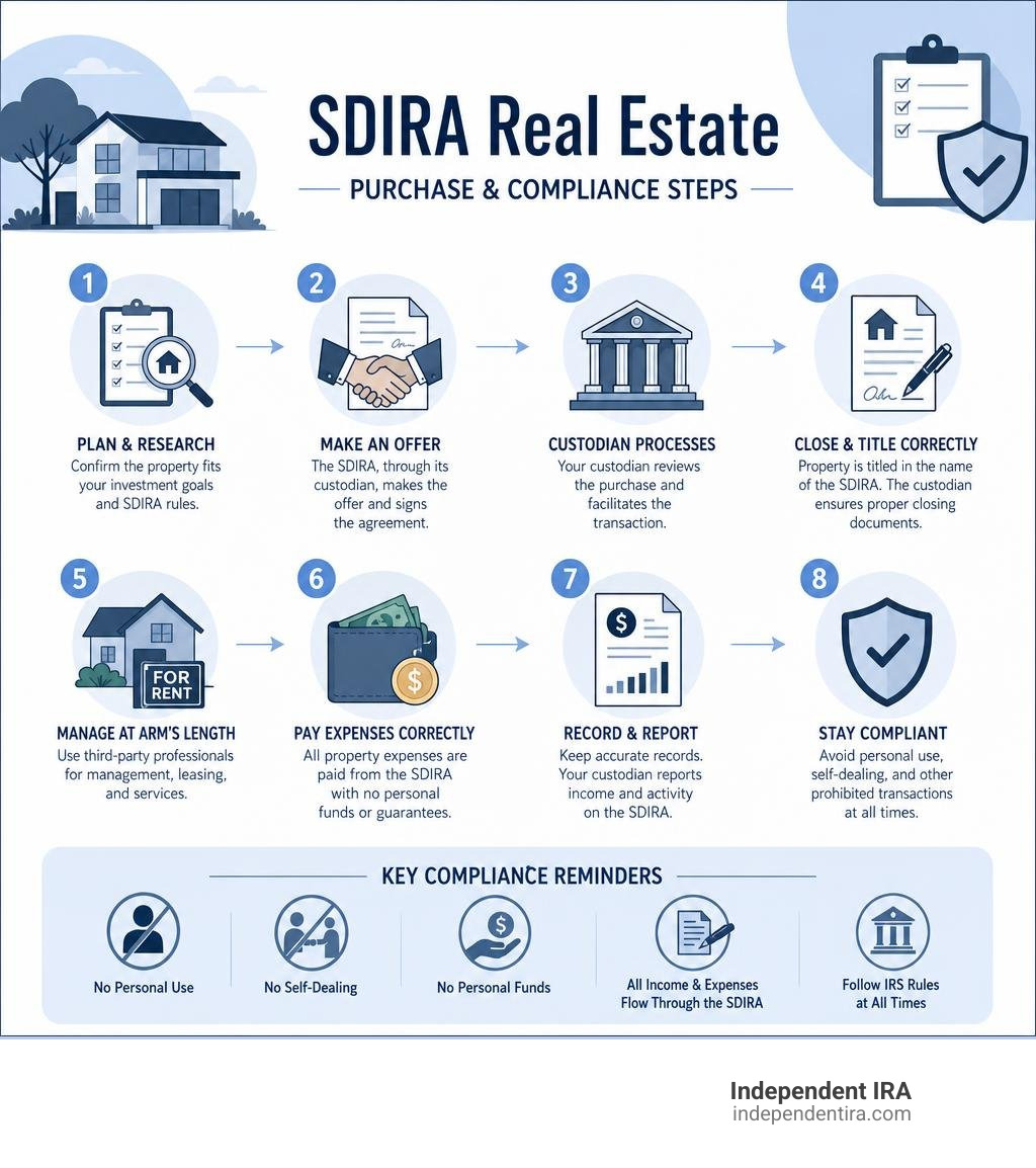SDIRA real estate purchase and compliance steps infographic SDIRA real estate purchase and compliance steps infographic