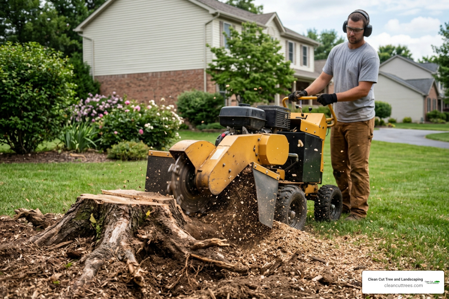 stump grinder removing leftover shrub roots