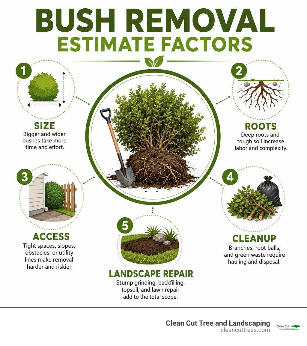 Bush removal project factors: size, roots, access, cleanup, and landscape repair infographic
