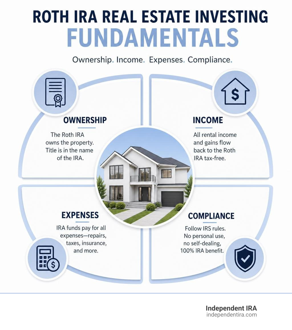 Roth IRA real estate investing fundamentals: ownership, income, expenses, compliance infographic Roth IRA real estate investing fundamentals: ownership, income, expenses, compliance infographic