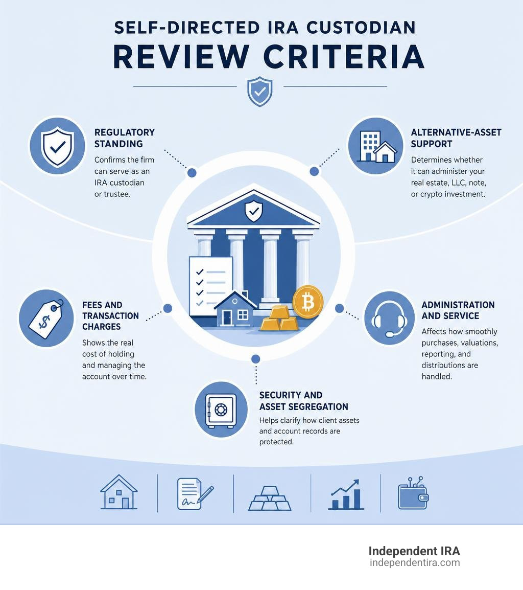 infographic comparing self-directed IRA custodian review criteria infographic infographic comparing self-directed IRA custodian review criteria infographic