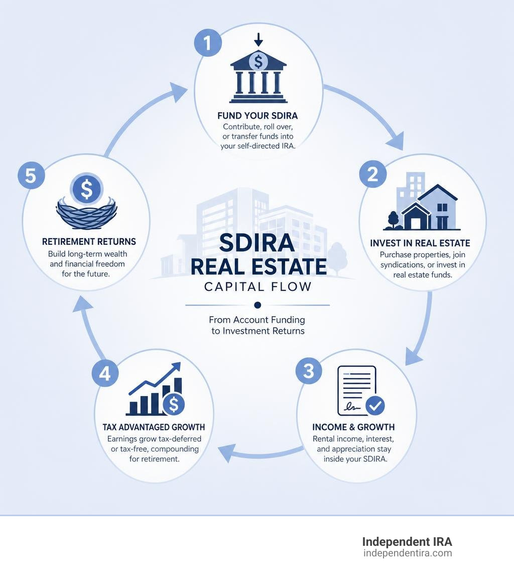 SDIRA real estate capital flow from account funding to investment returns infographic SDIRA real estate capital flow from account funding to investment returns infographic