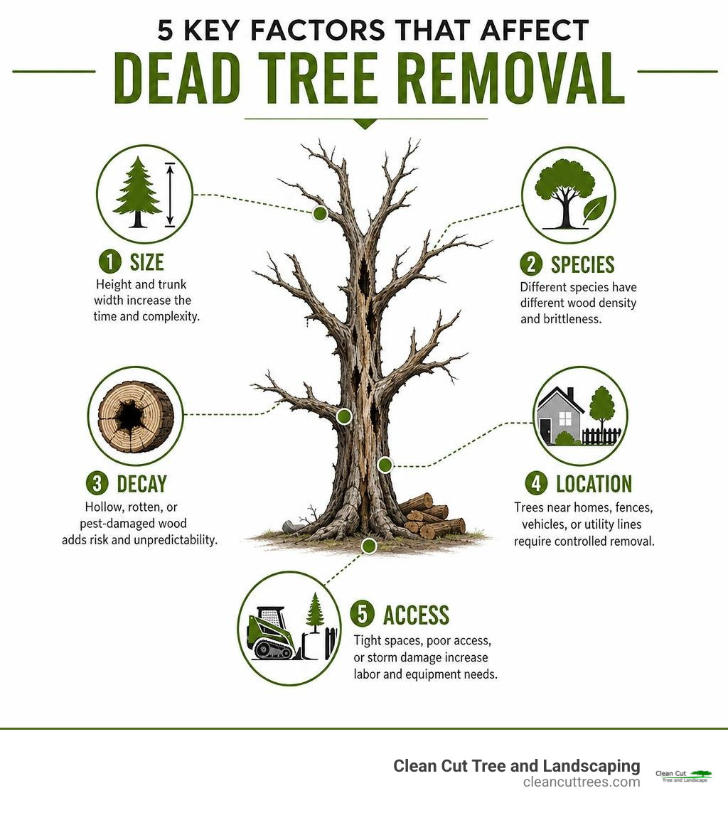 infographic showing dead tree removal factors: size, species, decay, location, access infographic