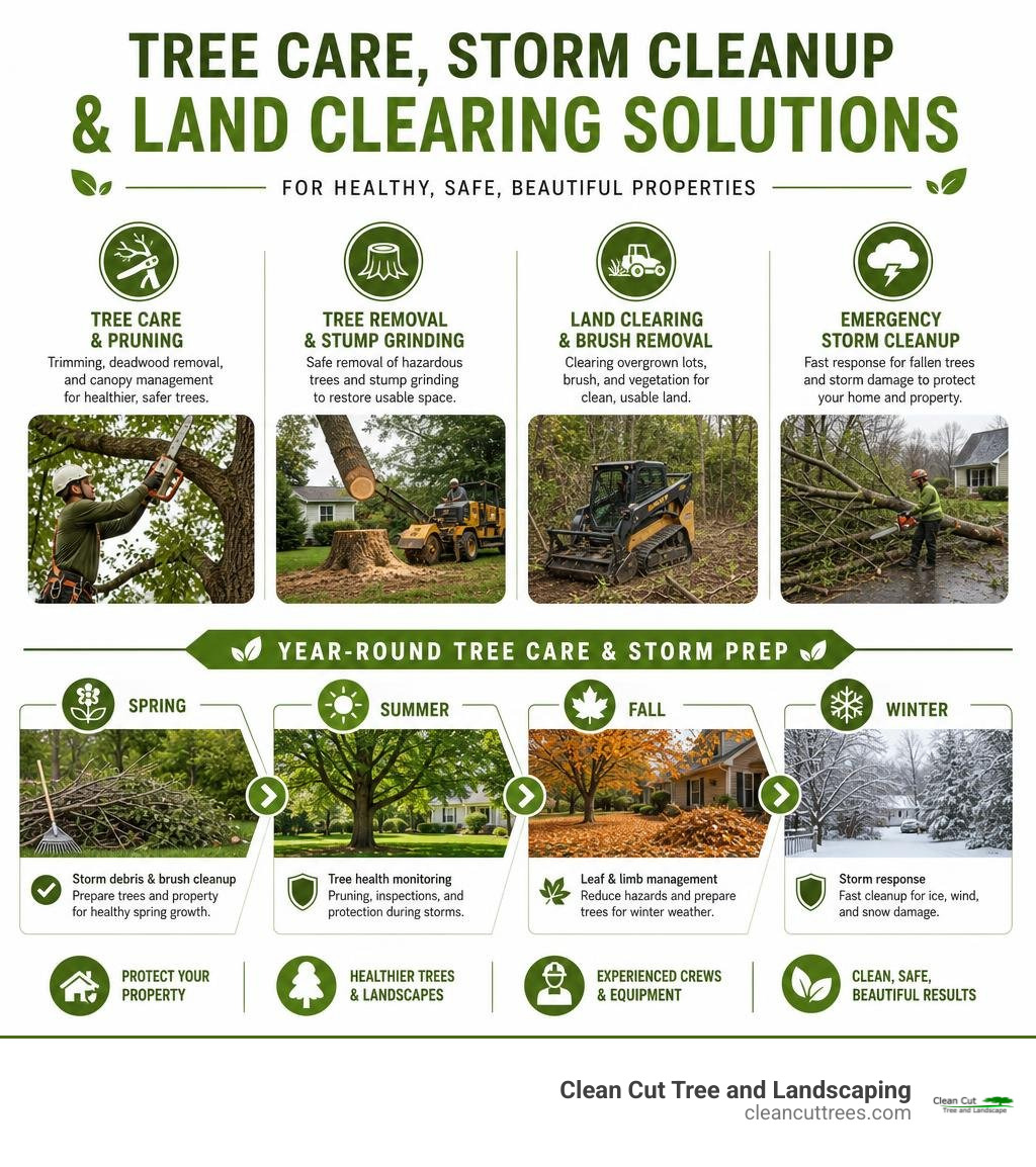 Clean Cut Tree and Landscaping tree care storm cleanup stump grinding and land clearing services infographic infographic