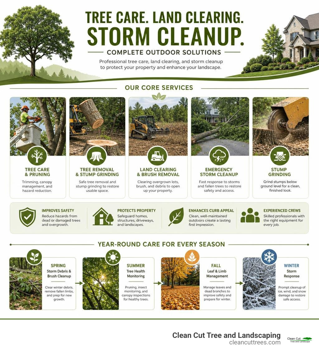 Clean Cut Tree and Landscaping tree care stump grinding land clearing brush removal and storm cleanup services infographic