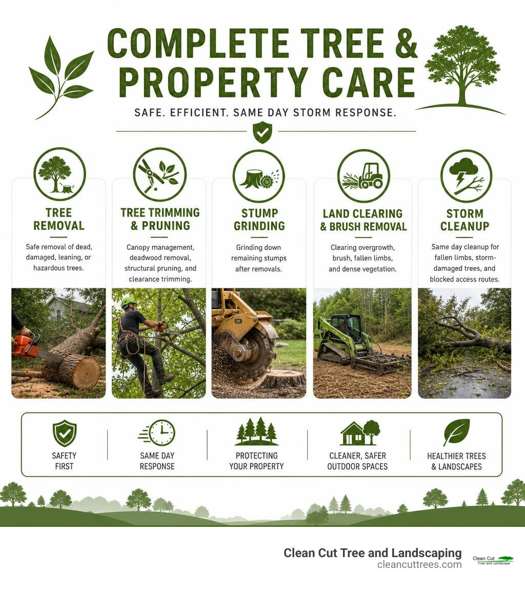 Clean Cut Tree tree removal pruning stump grinding land clearing brush removal and same day storm cleanup services