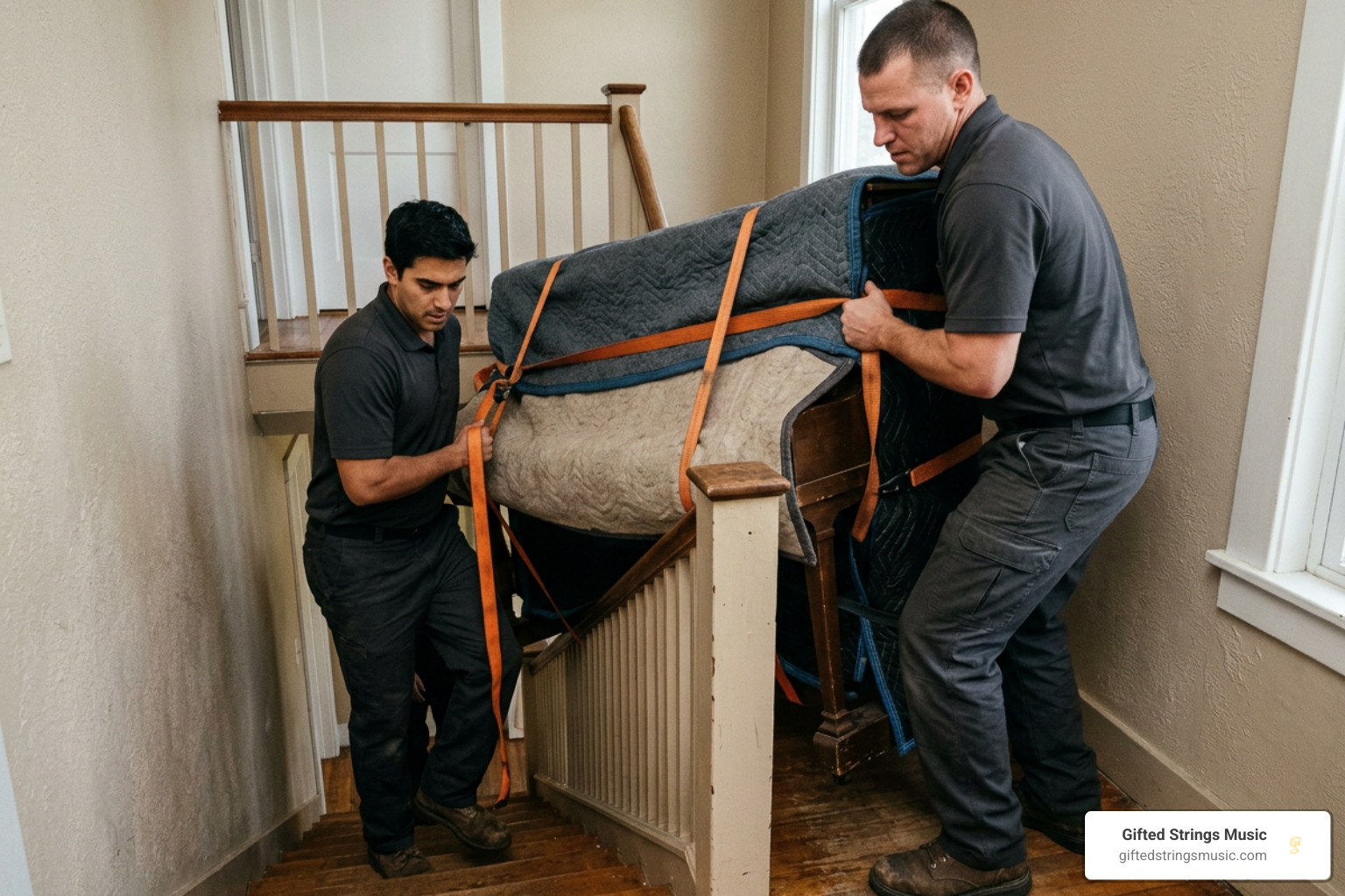 movers navigating stairs with an upright piano