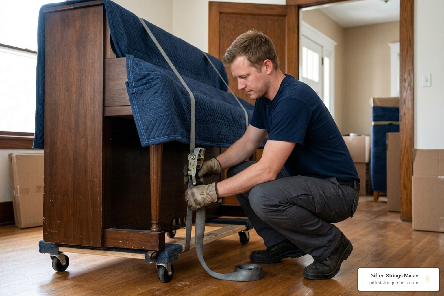 piano padded and strapped onto a dolly