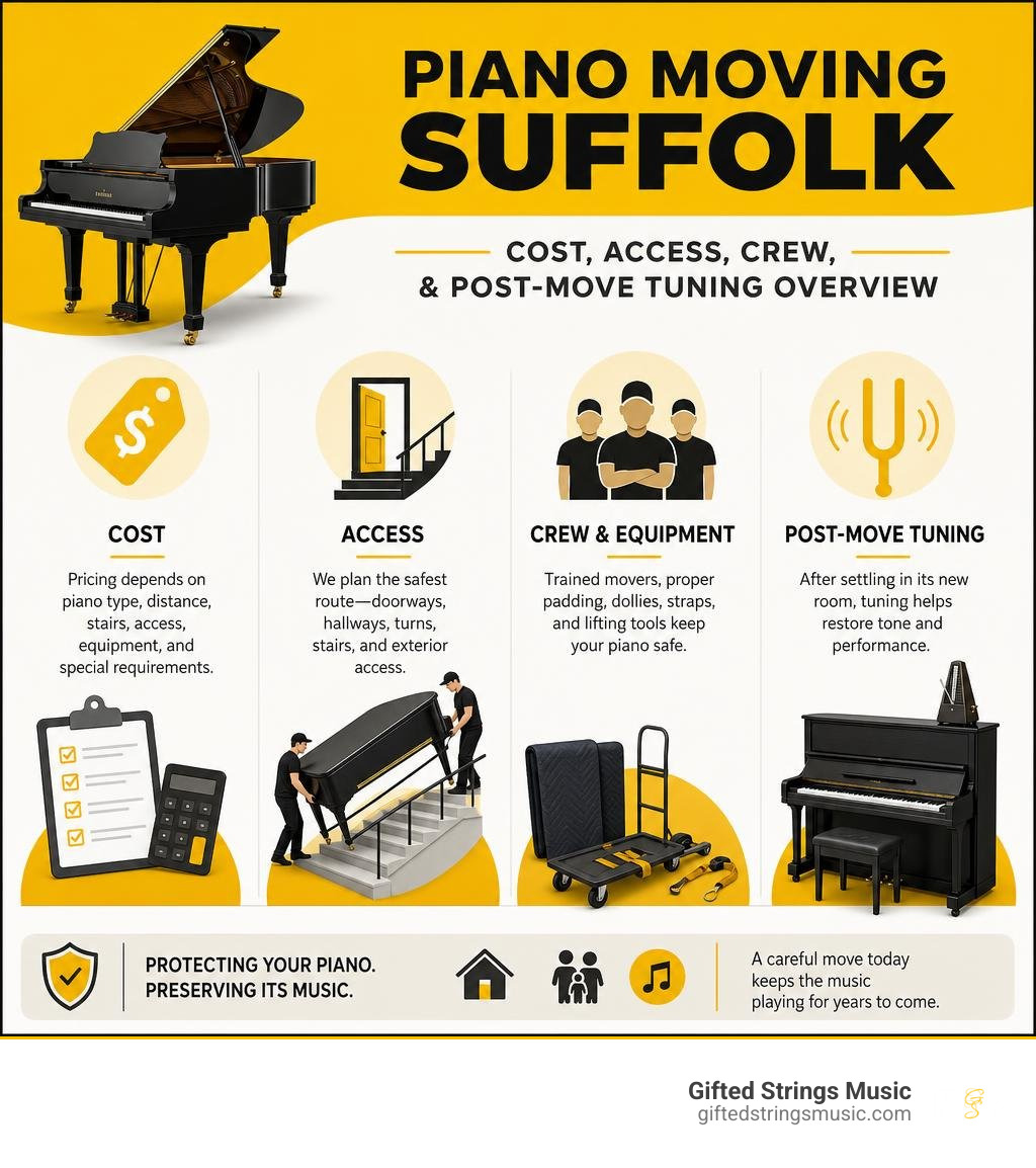 Piano moving Suffolk cost, access, crew, and post-move tuning overview infographic
